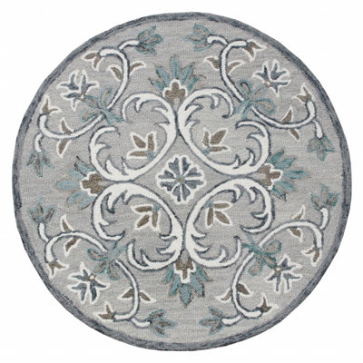 Tapis rond gris / bleu en laine touffeté à la main