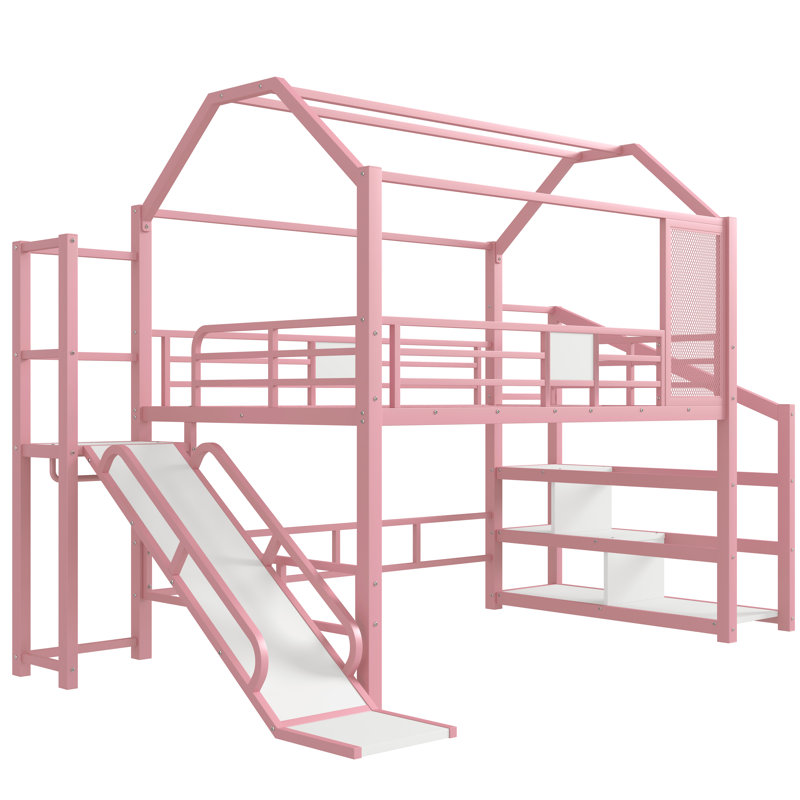 Lit mezzanine double en métal avec glissade et escalier en forme de maison, lit maisonnette avec tablettes de rangement, rose sans bruit