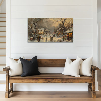GUTTATY Christmas Canvas Wall Art, Vintage Winter Village Scene Canvas Prints, Festive Lights and Snow Wall Hanging Artwork for Living Room, Office, Indoor Christmas Decor, 32x16 Inch