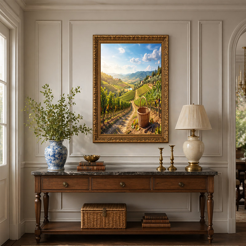 «Rolling Vineyard Hills with Wicker Basket», art mural sur toile, H 18 po x l 24 po