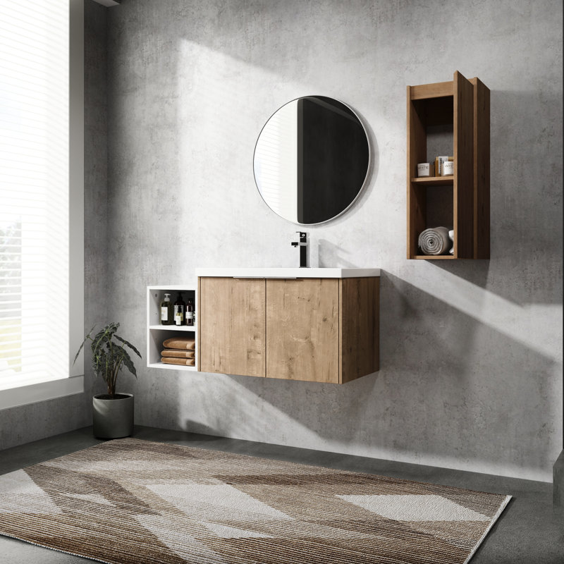 Meuble-lavabo de 42 po avec lavabo et armoire latérale - Mécanisme de fermeture de porte silencieux et contemporain en contreplaqué résistant aux effets visuels