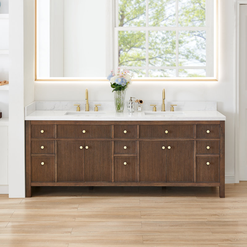 Lala 84" Double Bathroom Vanity with Grain White Engineered Stone Countertop without Mirror, Brown Brushed Oak