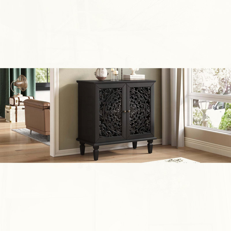 Armoire d'appoint vintage avec portes sculptées creuses florales et tablette réglable, Black