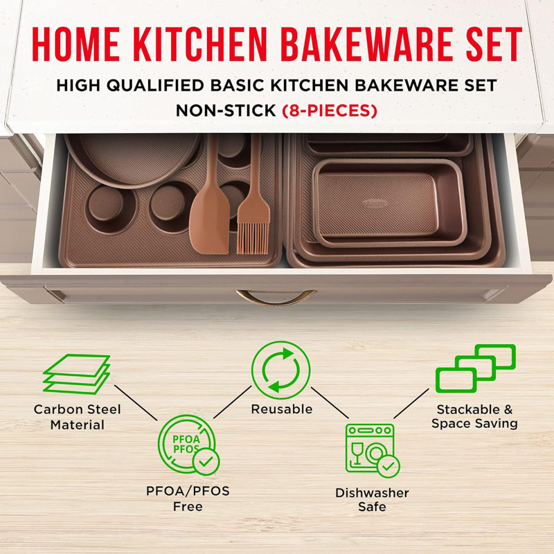 Gold Carbon Steel 8-Piece Non-Stick Bakeware Set