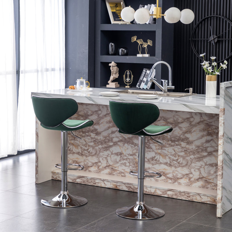 Masaccio Velvet Upholstered Adjustable Swivel Barstool, Set Of 2, Green