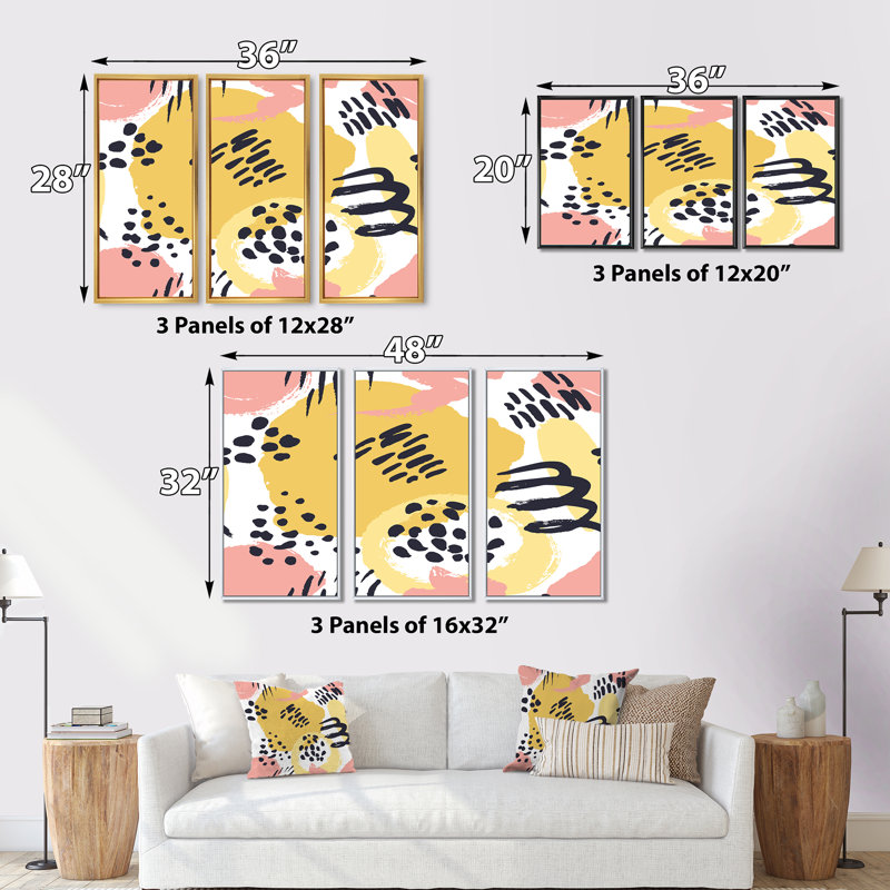 Ensemble de 3 reproductions d'art rétro encadrées sur toile jaune et rose