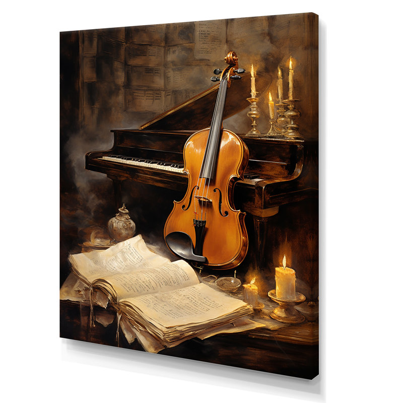 Violon rétro et harmonie piano II sur toile, H 40 po x l 30 po x P 1,5 po, Toile tendue