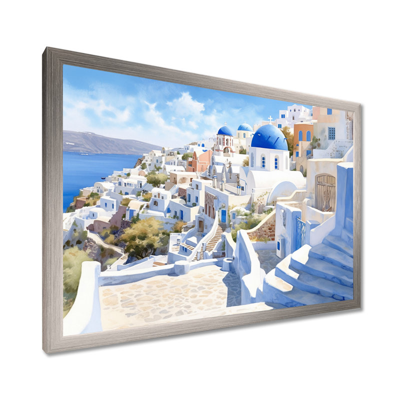 Grecque Santorini Odyssey II - Grèce, art mural, H 16 po x l 32 po x P 1 po, Cadre simple argenté