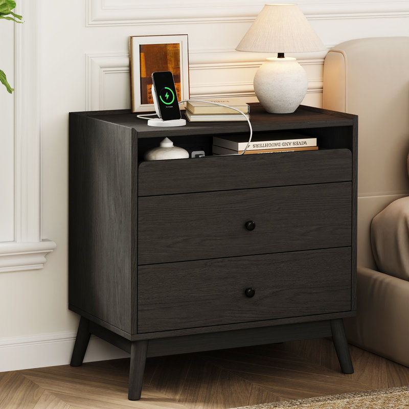 3 - Drawer Nightstand, 24“ W Wood Bedside Table With Built-In Outlets And Solid Wood Legs, Black, Individual