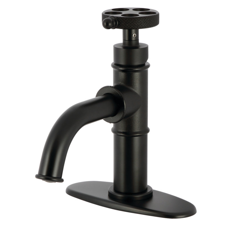 Kingston Brass Webb Single-Handle 1-Hole Deck Mount Bathroom Faucet with Knurled Handle and Push Pop-Up Drain, Matte Black
