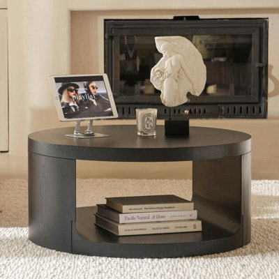 Table basse ronde noire avec rangement, table de salon moderne, rangement ouvert, coussins en caoutchouc, tables centrales en bois, tables à thé blanches, espace de rangement de 22 po x 10 po, quatre patins en caoutchouc antidérapants de 31 po x 14 po