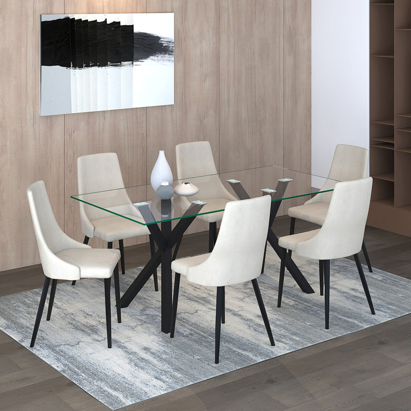 Benard 6 - Person Glass Top Double Pedestal Dining Set, Black, Black/White