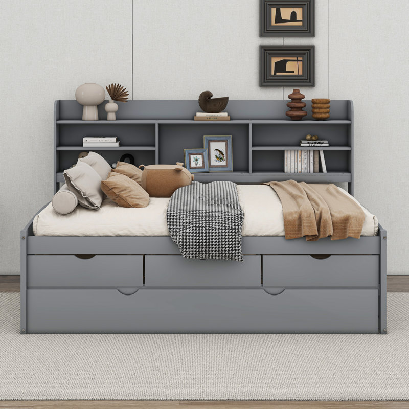 Full Size Wooden Captain Bed with Built-in Bookshelves, Three Drawers and Trundle, Light Gray