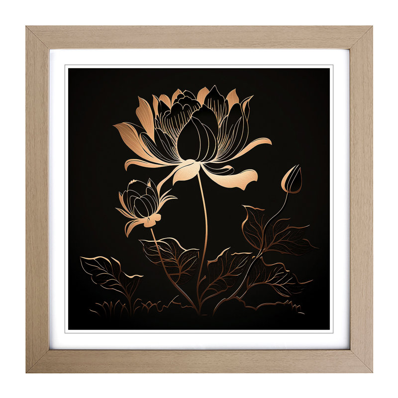 Lotus Flower Silhouette No.1 - Single Picture Frame Print on Wood, Oak