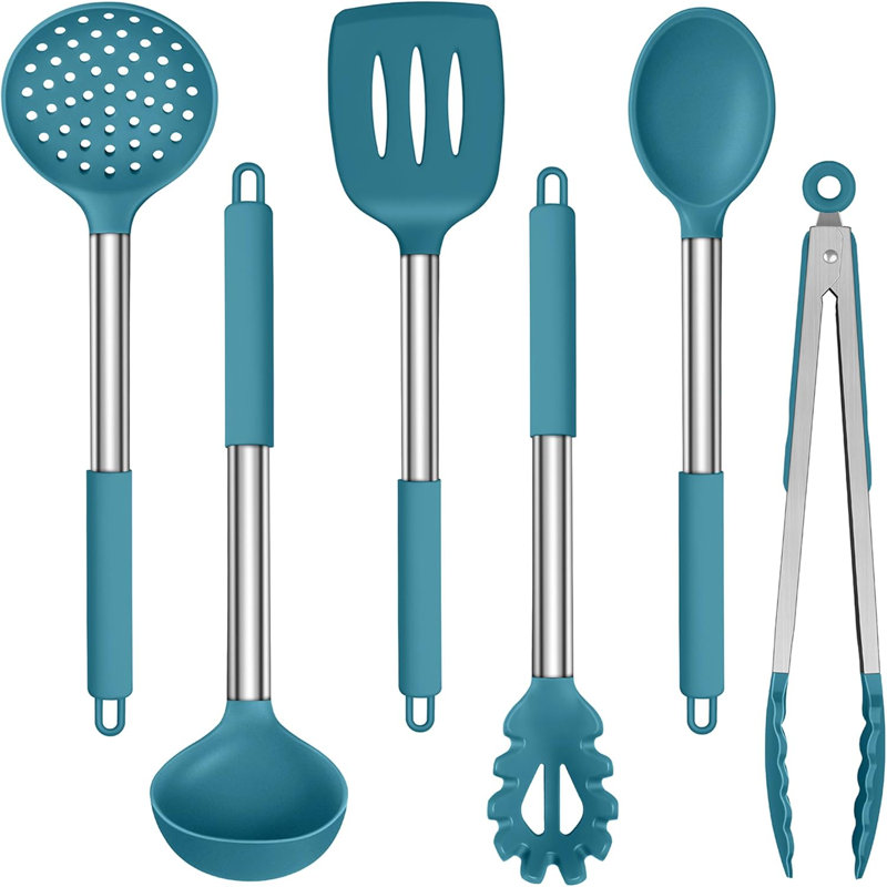 Ensemble d'ustensiles de cuisine en silicone 6 pièces avec poignées en acier inoxydable, ustensiles de cuisine résistants à la chaleur et antiadhésifs pour la cuisson, la cuisson, le mélange et l'agitation