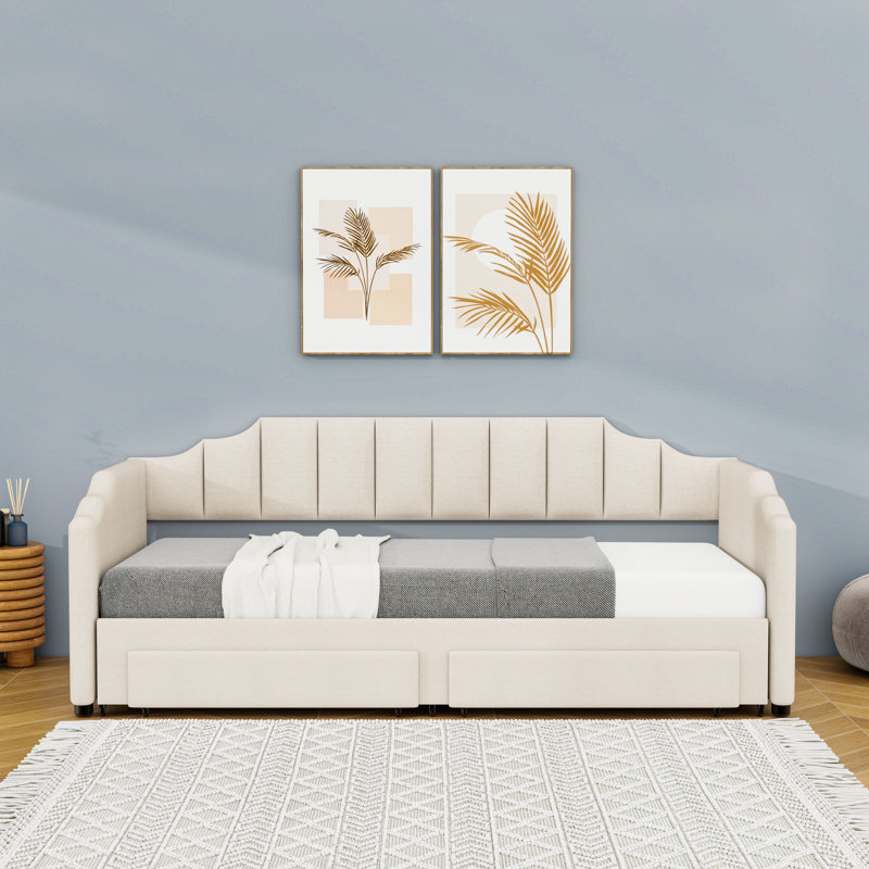 2 Drawers Upholstered Twin XL Daybed with Twin Trundle and LED Lighting, Beige
