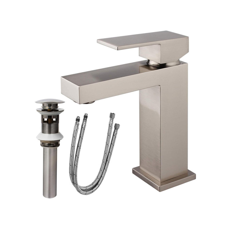  Solid Brass Modern Bathroom Sink Faucet Basin Vanity Square Bathroom Faucet with Pop-up Drain Water Supply Hoses