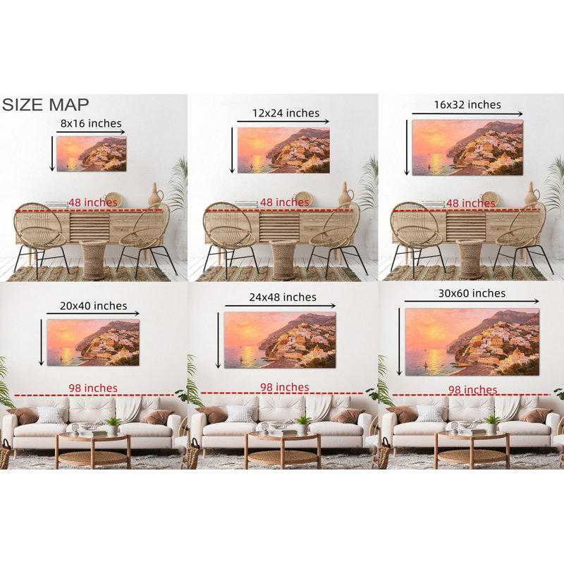 Art mural sur toile de la côte d'Amalfi au coucher du soleil, Timuba, peinture côtière italienne pour décoration méditerranéenne, œuvre de plage vibrante pour le bureau de la chambre à coucher, toile tendue avec cadre en pin, 12 po x 24 po