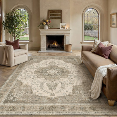 Tapis lavable Aurea Vintage à médaillon vieilli avec envers antidérapant
