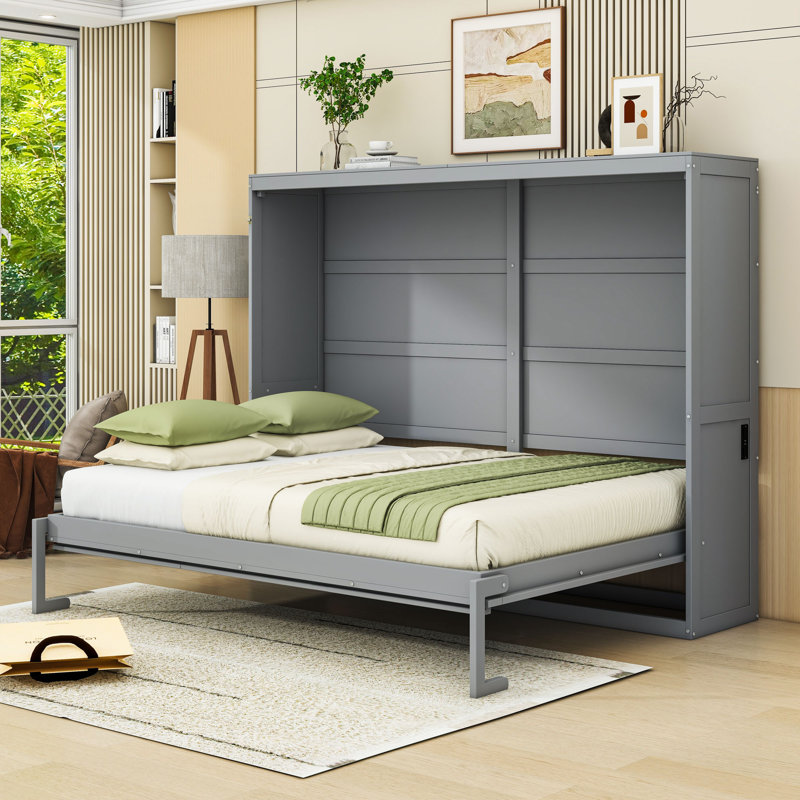 Lit escamotable avec port USB intégré, Gris, Grand