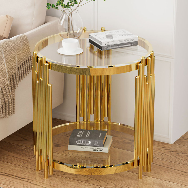 Bordeaux 19.7" Wide 2-Tier Round Glass Top End Table Living Room Couch Side Table, Clear