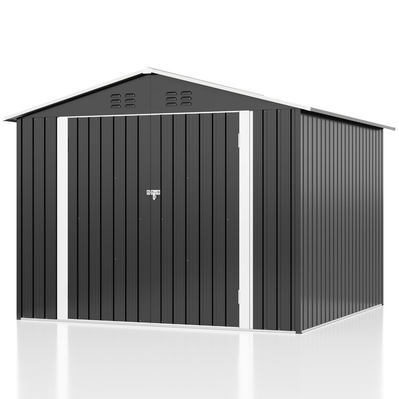 Outdoor Metal Storage Shed with Reinforced Steel Frame and Lockable Doors, 8x8 FT