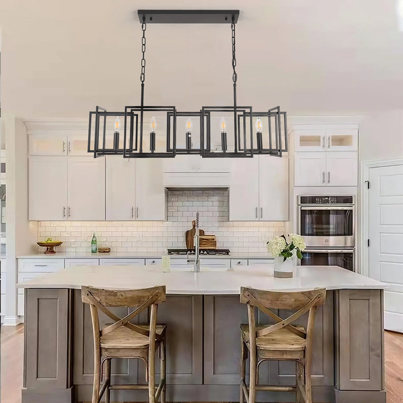 5 - Light Black Industrial Linear Chandelier, Geometric Open Frame Kitchen Island Chandelier