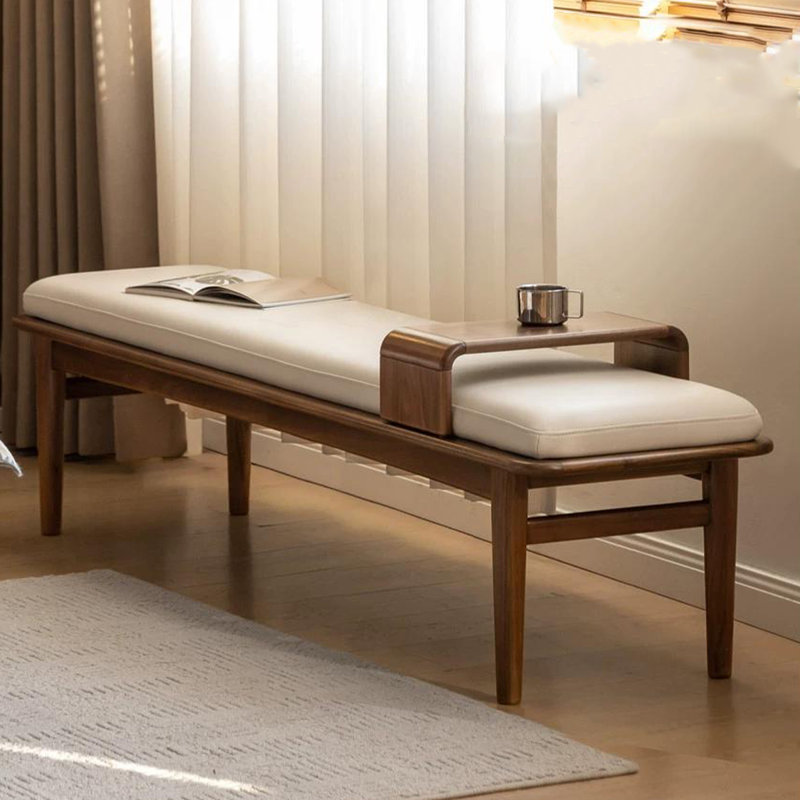Long banc en cuir massif et noyer, H 19,88 po x l 70,87 po x P 17,72 po