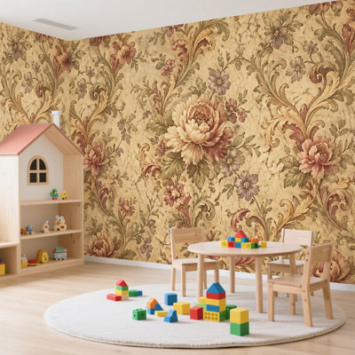 Papier peint adhésif autocollant amovible floral beige en gros plan beige rétro floral mural pour salon chambre à coucher H 100 po x l 144 po