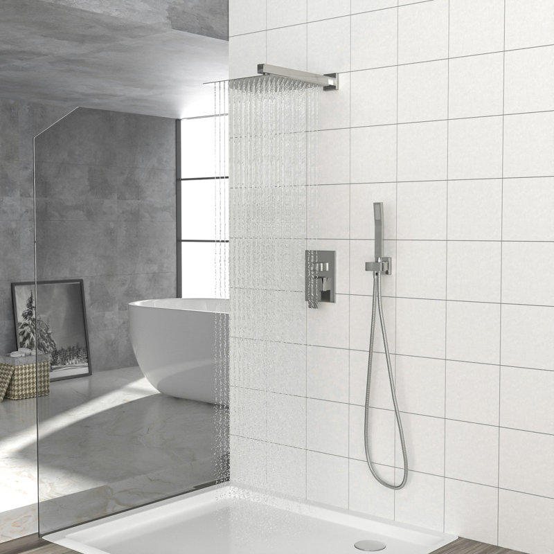 Pomme de douche double - Système de douche carré mural de 10 pouces avec valve brute, Nickel brossé