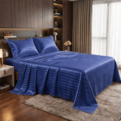 Striped Satin Sheet Set, Luxury Silky Soft Bedding, Elegant Striped Design, Cooling Breathable Sheets, Hotel-Inspired Comfort for Bedroom, Deep Pocket Fitted Sheet, (Navy, Full 4pc)