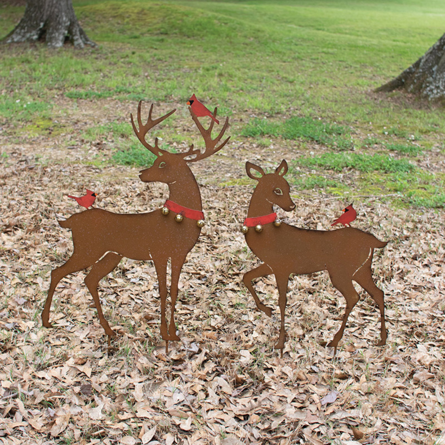 The Twillery Co.® Sela Set of Two Rustic Reindeer Yard Art with Red Birds & Reviews | Wayfair