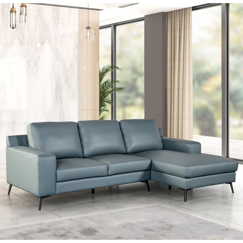 Canapé modulaire en L 98 po avec méridienne Jakoria, Assortiment de cuir bleu, Orienté à droite