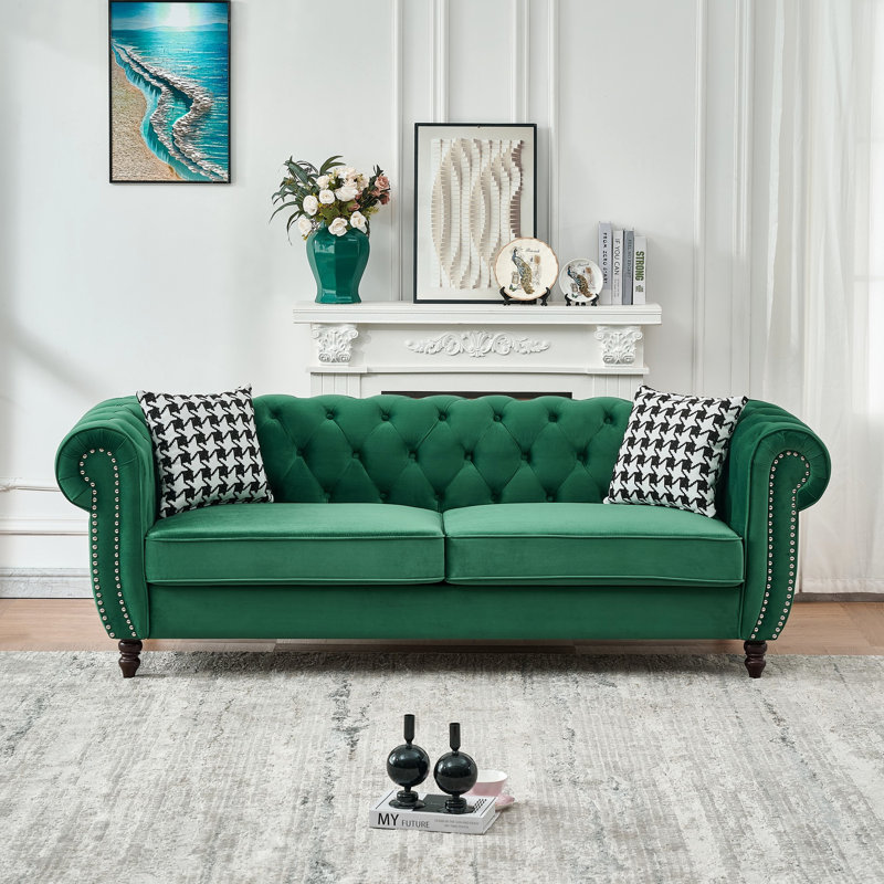 85" Mid Century Modern Velvet Chesterfield 3-Seater Sofa With Rolled Arms & Nailhead Trim, Upholstered Couch For Living Room & Office, Green