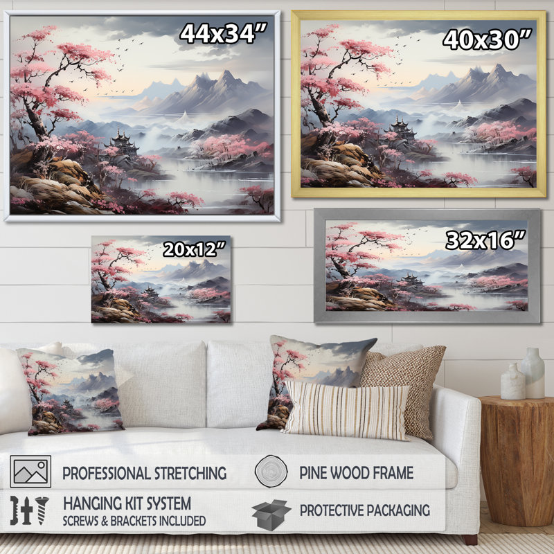 Paysage de rivière Japon en automne - reproduction, Cadre flottant blanc, H 16 po x l 32 po x P 1 po