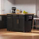 59.3-Inch Rolling Kitchen Island, With Power Sockets And Storage Space, 2 Pull-Out Cabinet Storage Racks And Fallen Leaves, With Trash Can Storage Space