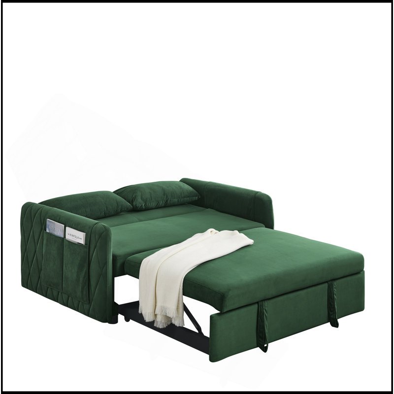 55" Modern Convertible Sofa Bed With 2 Detachable Arm Pockets, Velvet Loveseat Sofa With Pull Out Bed, 2 Pillows And Living Room Adjustable Backrest, Grid Design Armrests