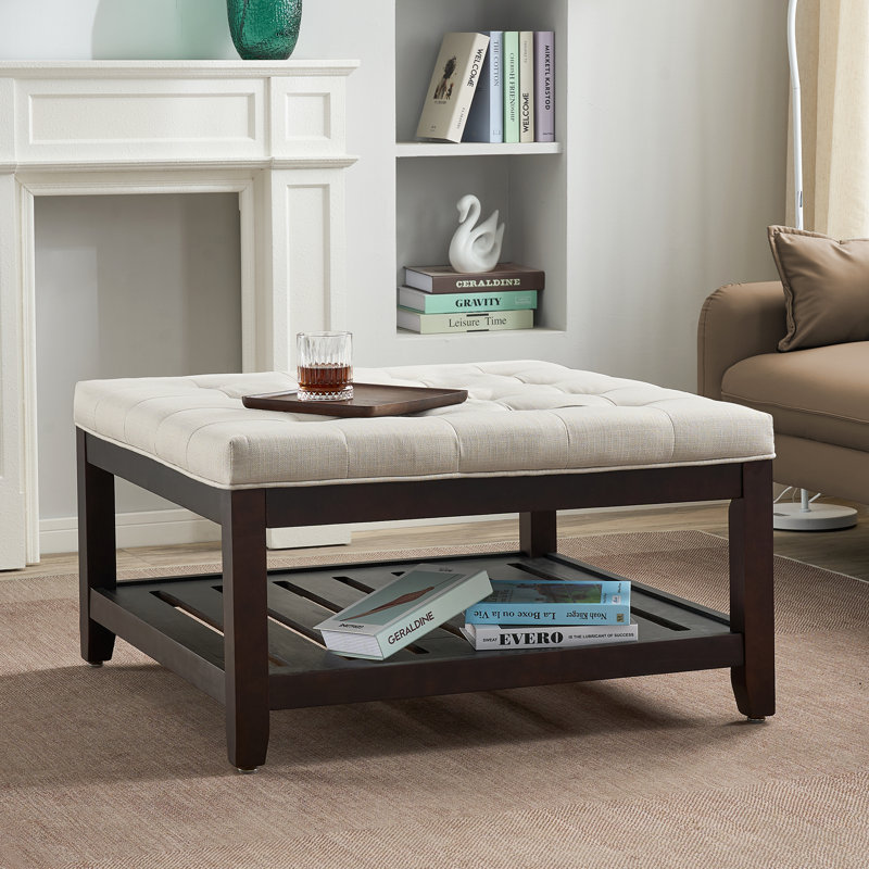 33.5" Wide Tufted Square Cocktail Ottoman With Free Tray, White Linen