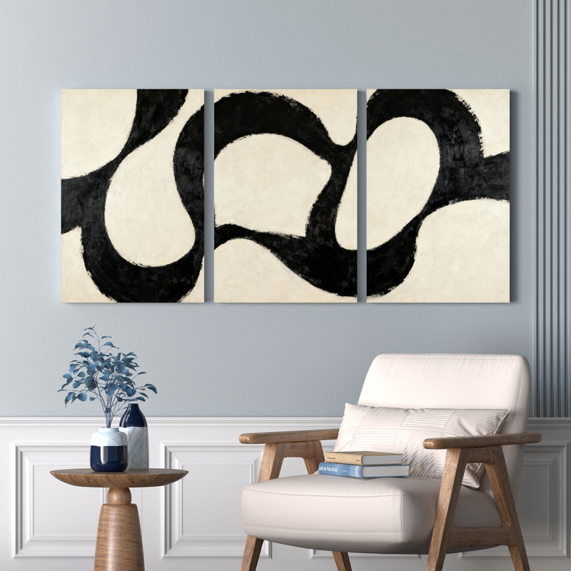 Ensemble de 3 tableaux sur toile à motif vague abstrait noir et crème, H 30 po x l 60 po