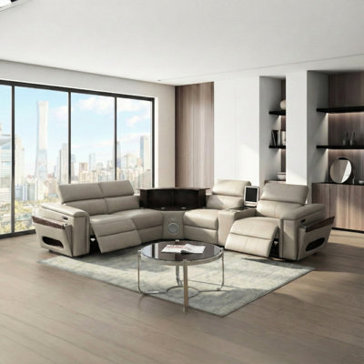 Canapé modulaire avec 2 consoles de lecture + réfrigérateur, barre de divertissement, haut-parleurs et commandes, alimentation électrique, appuis-tête réglables manuellement, coussin de recharge sans fil, ports, console de congélateur optionnelle blanche 1,