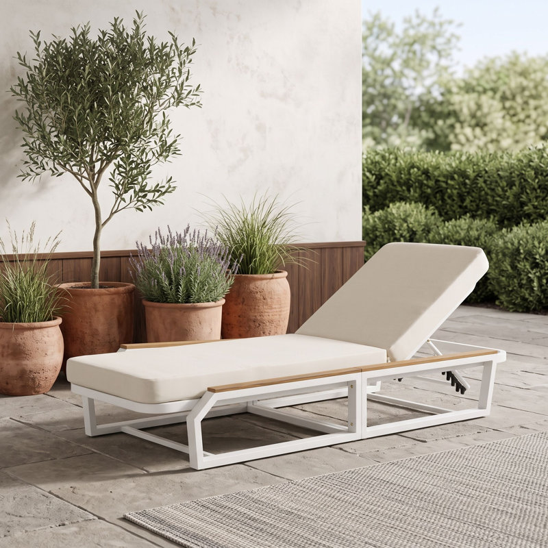 Ensemble de chaise longue luxueuse avec dossier réglable à 5 positions et coussin de qualité supérieure, Crème teck blanc