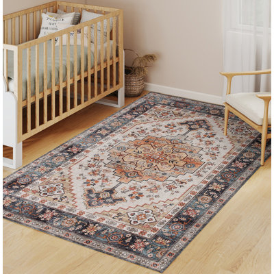 Area Rug 4x6, Non-Slip Machine Washable Rug, Boho Print Pattern Medallion Carpet for Living Room, Bedroom, Dining Room, Tawny Brown