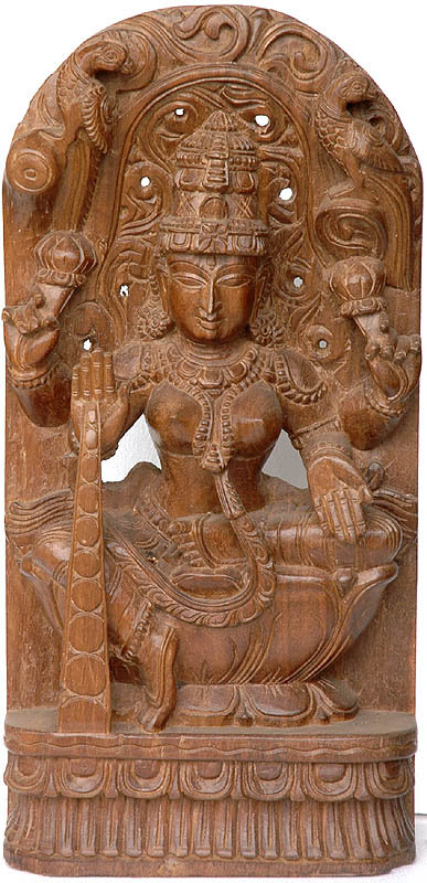 Wood Carving Goddess Lakshmi Raining Coins Wall Panel, 24 in. H     South Indian Temple Art for Living Room & Meditation Space