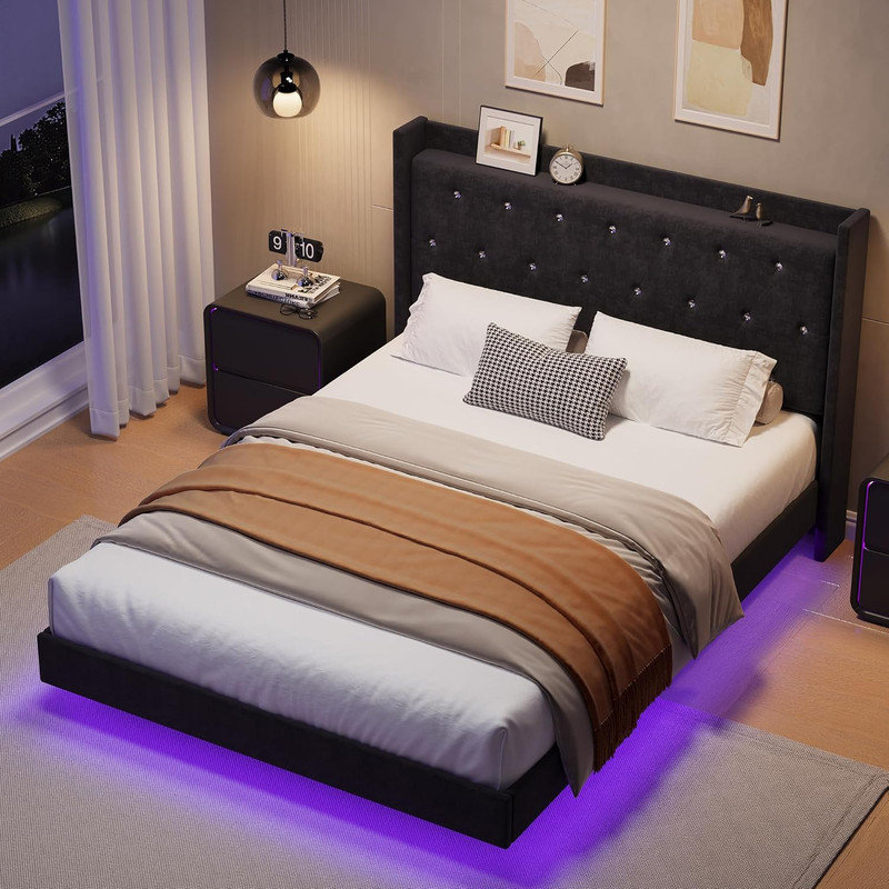 Full Bed Frame with LED Lights & Storage Headboard, Floating Velvet Upholstered Bed, Black, Full