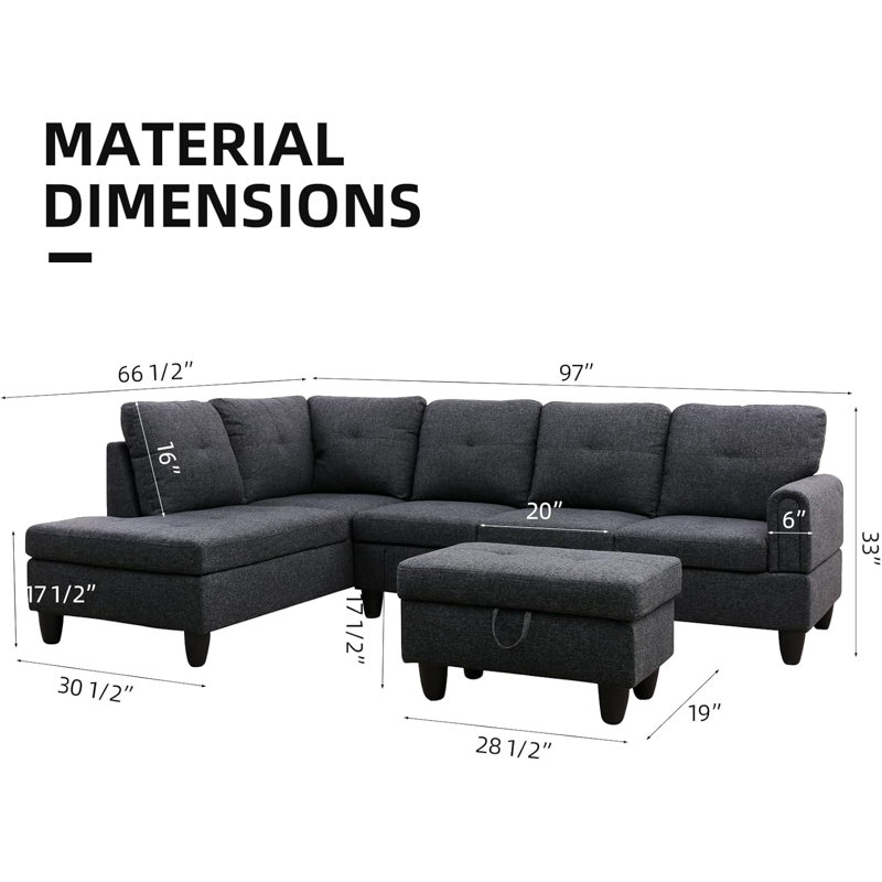 3-piece Linen Sectional Sofa, Left Hand Facing