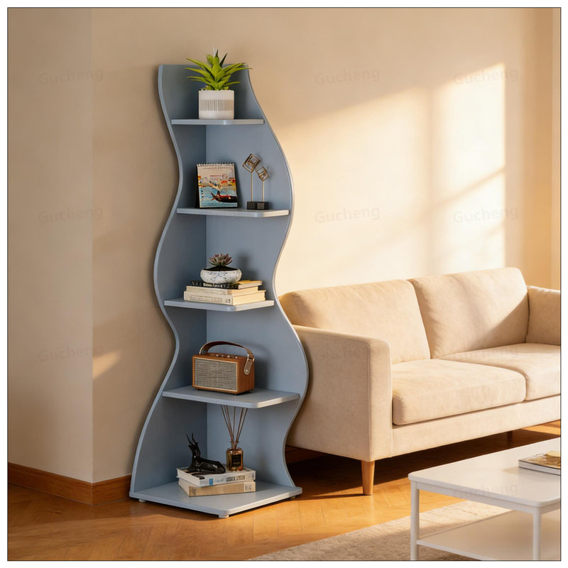 Élégante bibliothèque d'angle à 5 niveaux avec rangement spacieux, idéale pour les décors modernes et rétro, Bleu