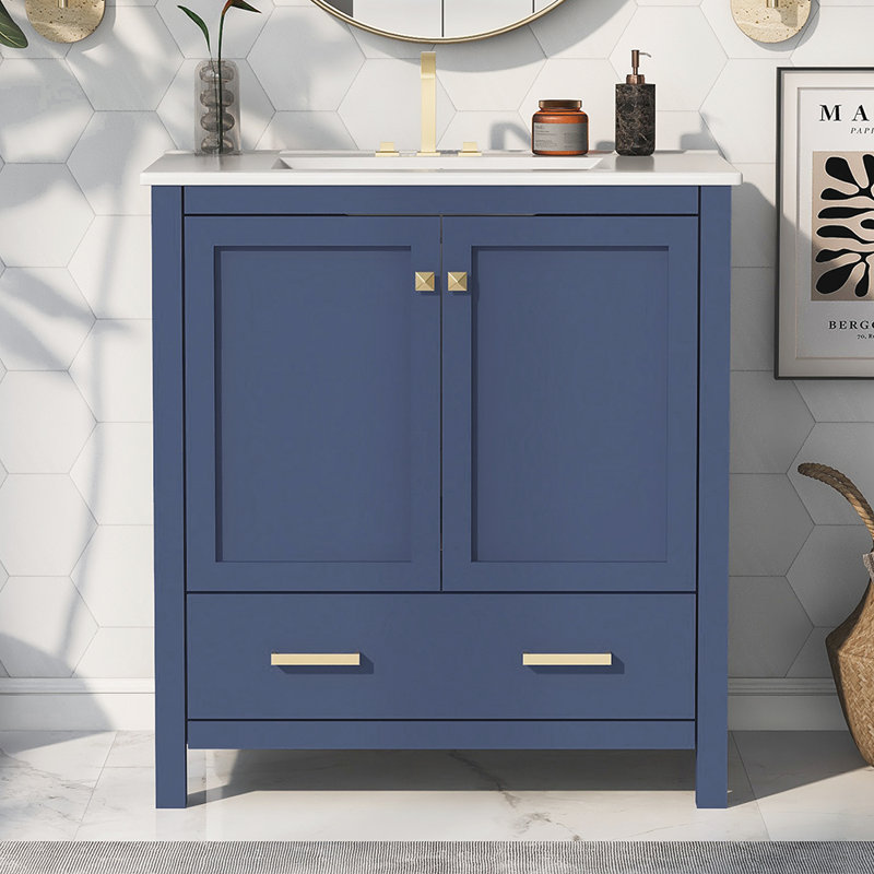 Meuble-lavabo simple 30,01 po avec plateau en bois manufacturé Bernan, Bleu, Or