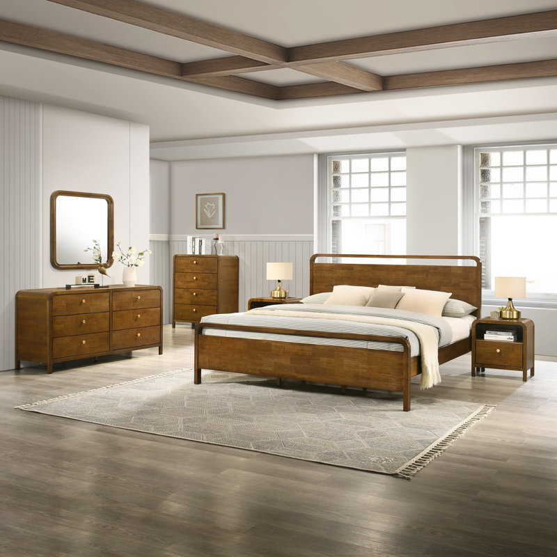 Ensemble de chambre à coucher en bois Ellum, grand lit plateforme avec commode, miroir, deux tables de chevet, commode au fini noyer