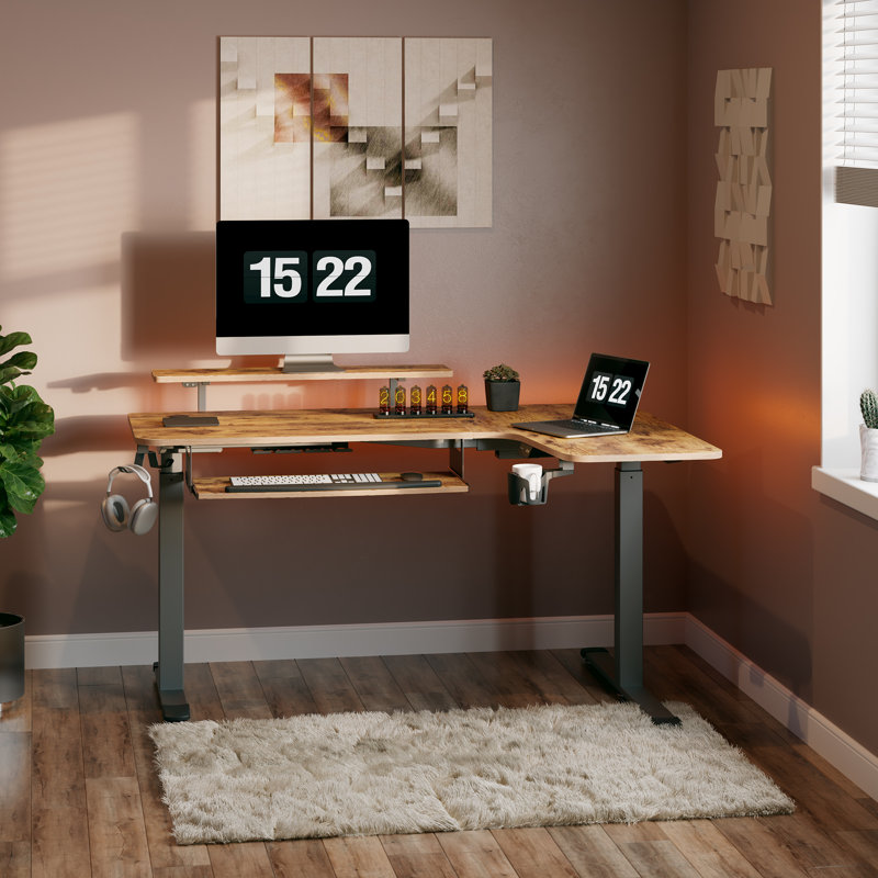 Adjustable L-Shaped Metal Base Standing Desk, Right Hand Return, Rustic Brown/Black