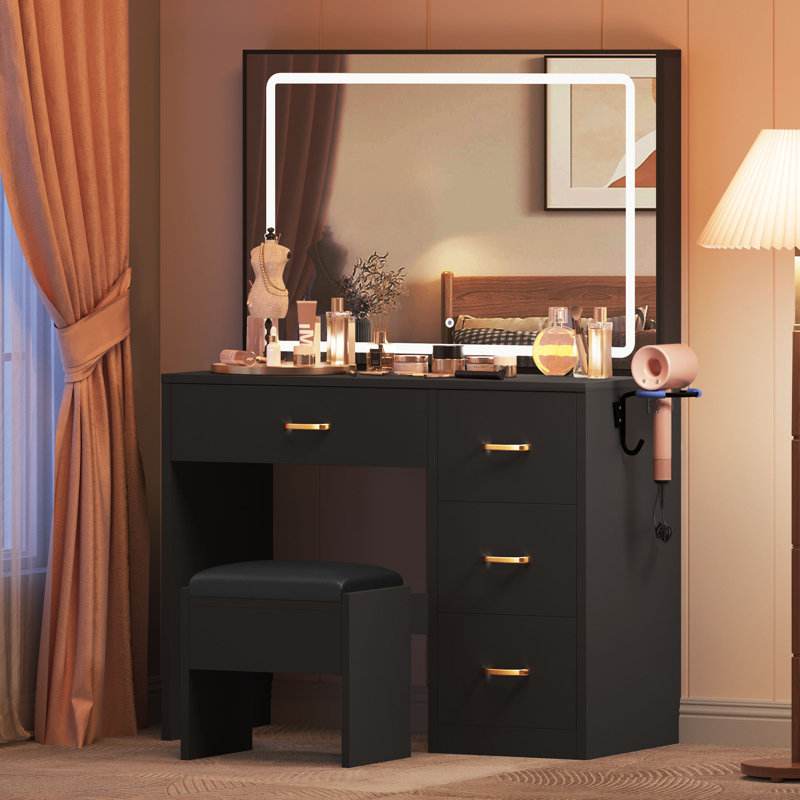 Dajanea Dressing Table with Mirror，Makeup Vanity Table Set for Bedroom, Black
